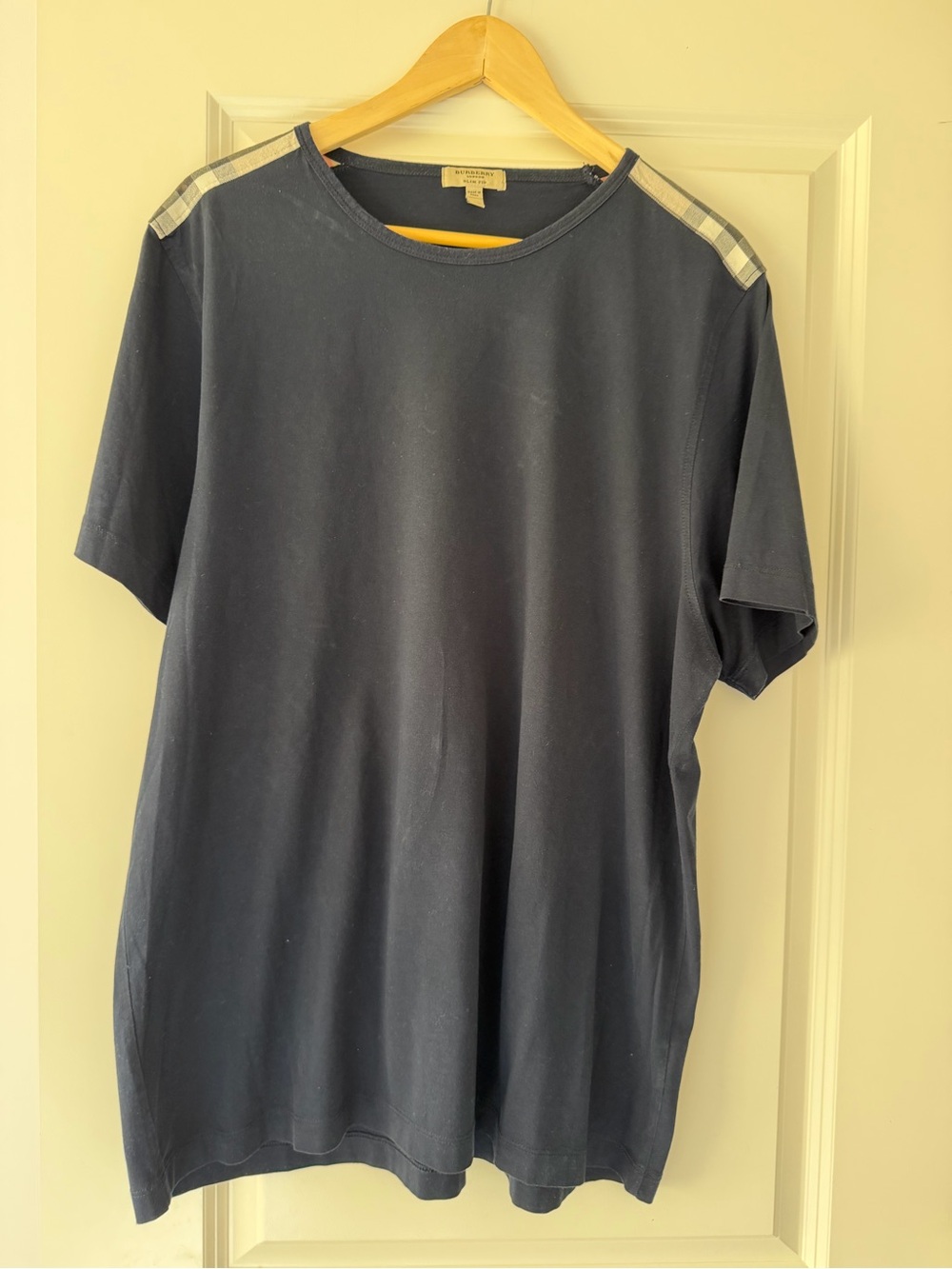 Burberry Navy Tee with Signature Check Shoulder Stripes